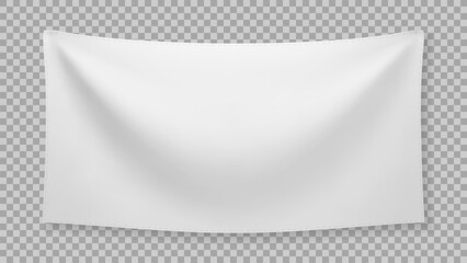 White textile banner with folds, isolated on white background. Blank hanging fabric template, empty mockup. Vector illustration