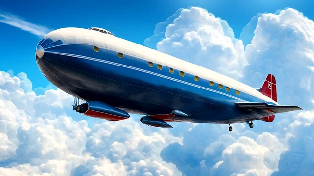 Zeppelin flying in the sky on cloudscape background. Seamless looping time-lapse 4k video animation background