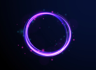 Rounded neon line with light effect. Energy flow tunnel. Blue portal, platform. Night road speed illustration.	