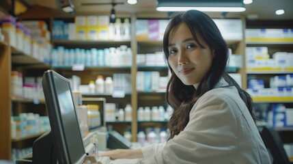 Pharmacy Drugstore: Beautiful Asian Pharmacist Uses Checkout Counter Computer, Does Inventory Checkup, Online Prescription of Medicine Packages, Drugs, Vitamin Boxes. copy space for text.