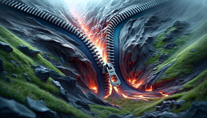 A mountain range with a lava flow and a zipper in the middle