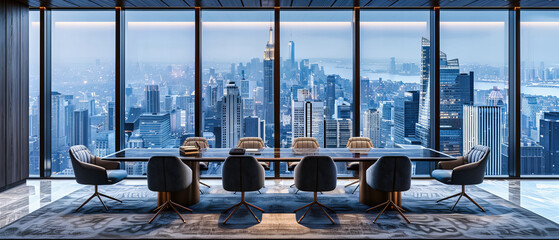 High-Rise Corporate Office with Panoramic View of the City at Night, Modern Interior Design with Sleek Furniture