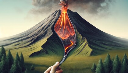 A person is holding a knife and cutting through a mountain