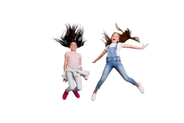 Full length body size view of two people nice-looking crazy attractive cheerful carefree careless straight-haired pre-teen girls having fun great spare free time overjoy isolated on blue background