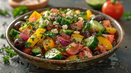 Focus on the vibrant colors and textures of a traditional Greek salad, featuring ripe tomatoes,...