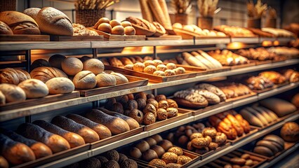 Fototapeta premium Fresh Bread Variety - Supermarket Bakery Display - Baguettes, Buns, and More