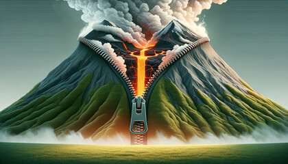 A volcano with a zipper opening in it