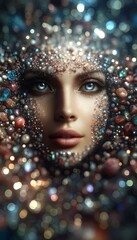 A woman's face is covered in glitter and stones, giving her a unique