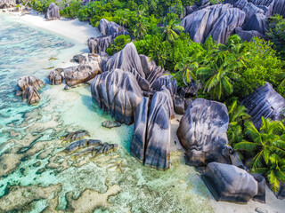 Aerial view of world famous Anse Source d'argent beach