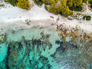 Aerial view of a sandy beach with turquoise water