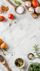 Fresh cooking ingredients organized neatly on a marble countertop.