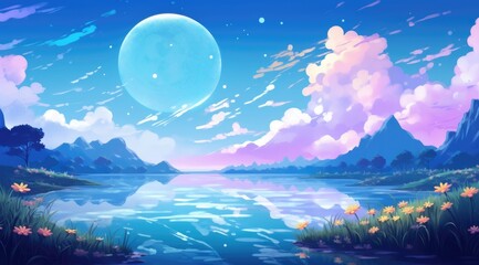 Serene lake under moonlight with lotus blooms and mountain silhouettes