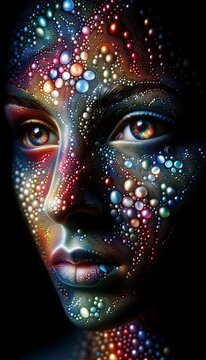 A woman's face is covered in colorful dots, giving it a vibrant