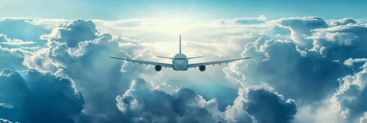 Majestic aerial view of an airplane soaring above fluffy white clouds against a vivid blue sky - obrazy, fototapety, plakaty