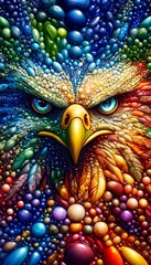 A colorful eagle with a blue eye and a yellow beak