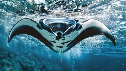 Closeup of a majestic manta ray gliding effortlessly through the water its massive wingspan and intricate patterns visible as it filters plankton from the water. . - obrazy, fototapety, plakaty