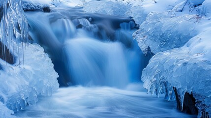 Frozen river with icicles at Arafed waterfall - obrazy, fototapety, plakaty