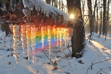 Icicles with a rainbow reflection on a snowy tree branch in winter forest