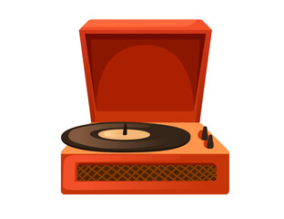 Vintage record player with retro vinyl disc vector illustration isolated on white background