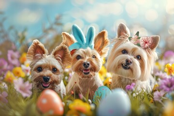 Yorkshire Terrier and Easter eggs in the grass with flowers.