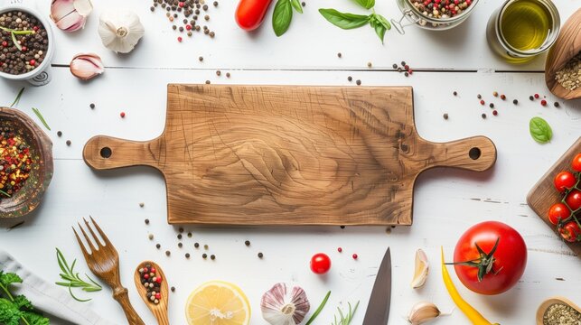 Flat lay image of a wooden cutting board surrounded by fresh ingredients.