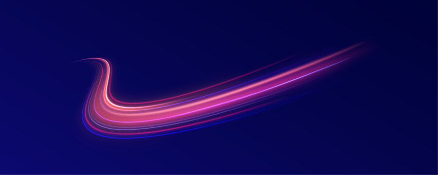 ong exposure of motorways as speed. Neon spiral lines in yellow blue and purple colors. Image of speed motion on the road.	