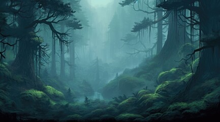 Misty sequoia grove shrouded in fog, exuding ancient mystery and beauty - obrazy, fototapety, plakaty