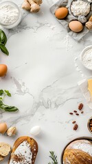 A top view of various baking ingredients and fresh herbs on a marble background.
