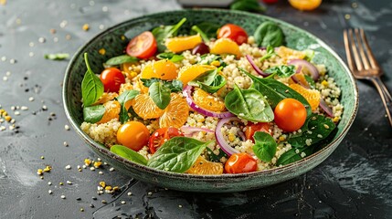 Vegetable Millet salad with red onion, cherry tomatoes, spinach, tangerine and clementine dressing. copy space for text.