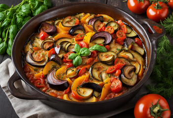 vegetarian ratatouille with fresh vegetables and herbs, yum