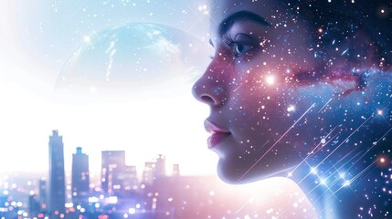 Double exposure photograph of a woman, cityscape and stars background