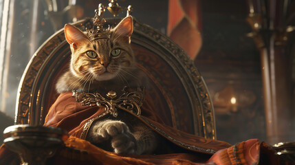  cat with an air of royalty, seated elegantly on a throne, wearing a magnificent crown, brought to life