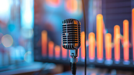 A microphone over a bar chart, symbolizing business presentations or pitches - obrazy, fototapety, plakaty