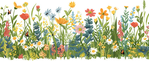 Beautiful wild meadow with flowers, butterflies and bees vector illustration on a white background