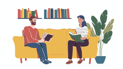 Man and woman sitting on the sofa with books. Vector