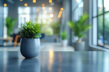 Contemporary office space with a green potted plant on a table - obrazy, fototapety, plakaty