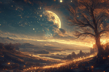 Fantasy grassland and big trees under the moonlight - Powered by Adobe