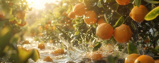 Vibrant image showcasing fresh oranges with droplets of water on them in a sunlit orange grove. - obrazy, fototapety, plakaty