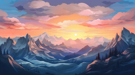 Cartoon sunset over majestic peaks with vibrant sky and tranquil lake - obrazy, fototapety, plakaty