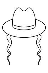 Hat with curls. Sketch. Jewish headdress with sidelocks at the temples. Vector illustration. Outline on isolated background. Coloring book for children. Doodle style. The bowler hat.