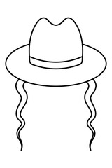 Hat with curls. Sketch. Jewish headdress with sidelocks at the temples. Vector illustration. Outline on isolated background. Coloring book for children. Doodle style. The bowler hat.