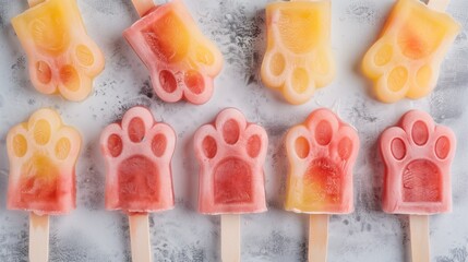 A variety of colorful homemade popsicles shaped like paw prints on a gray surface