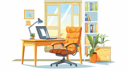 Office desk with notebook comfortable chair and window