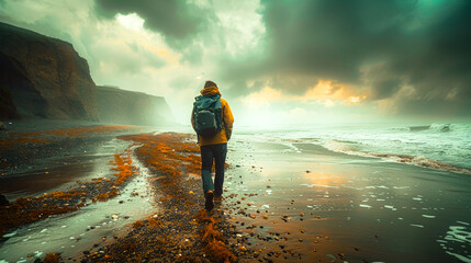 A photographer is looking for subjects on the beach