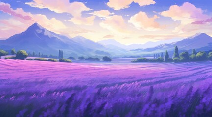 Moonlit lavender fields with mountain silhouettes and tranquil waters