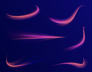 A large set of low-poly designs made of thin lines in the form of branches, spirals and arcs. Particle motion light effect. Abstract fire flare trace lens flares.	