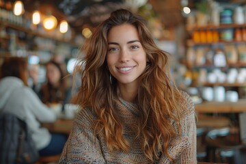 An appealing image of a radiant young woman with long hair smiling in a cozy cafeteria setting, exuding happiness - obrazy, fototapety, plakaty