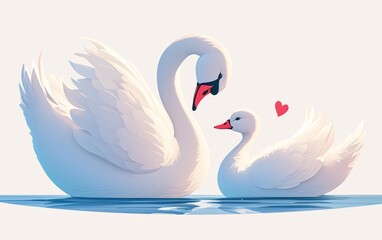 A beautiful swan and her cygnet are swimming in a lake. - obrazy, fototapety, plakaty