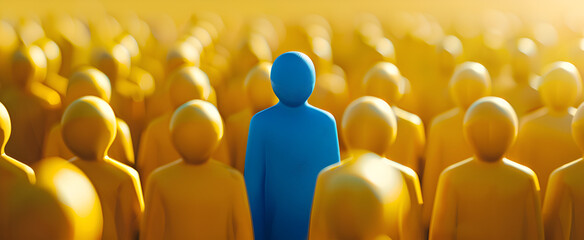 blue figure symbolizing individuality, stands out among yellow crowd. - obrazy, fototapety, plakaty