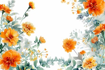 watercolor of marigold clipart with orange and yellow blooms. flowers frame,botanical border. ai generated